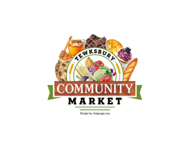 Image says Tewksbury Community Market and is surrouned by images of farmers market fare