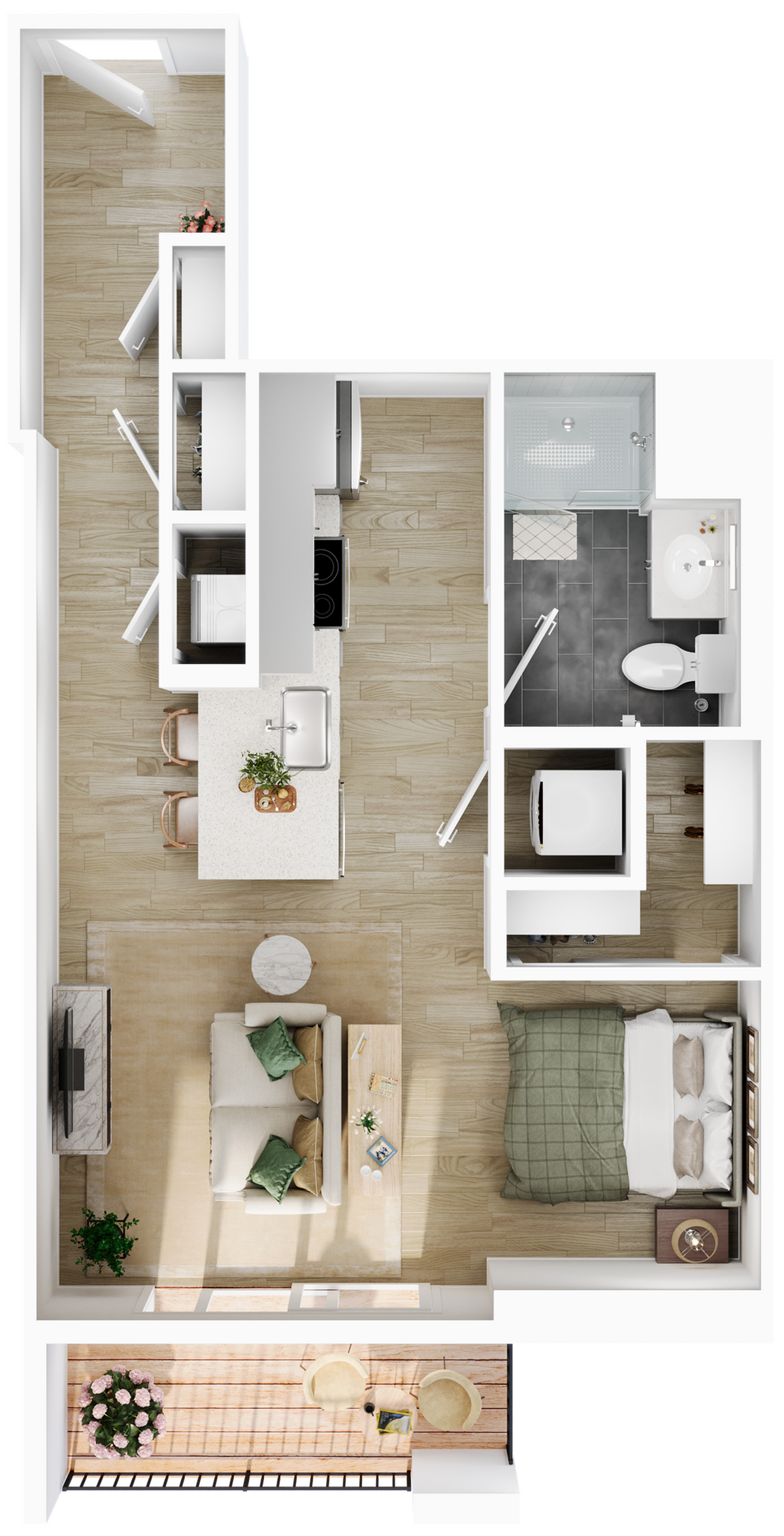 Efficient open-plan apartment with one bedroom, kitchen island, inviting living room, and private balcony.