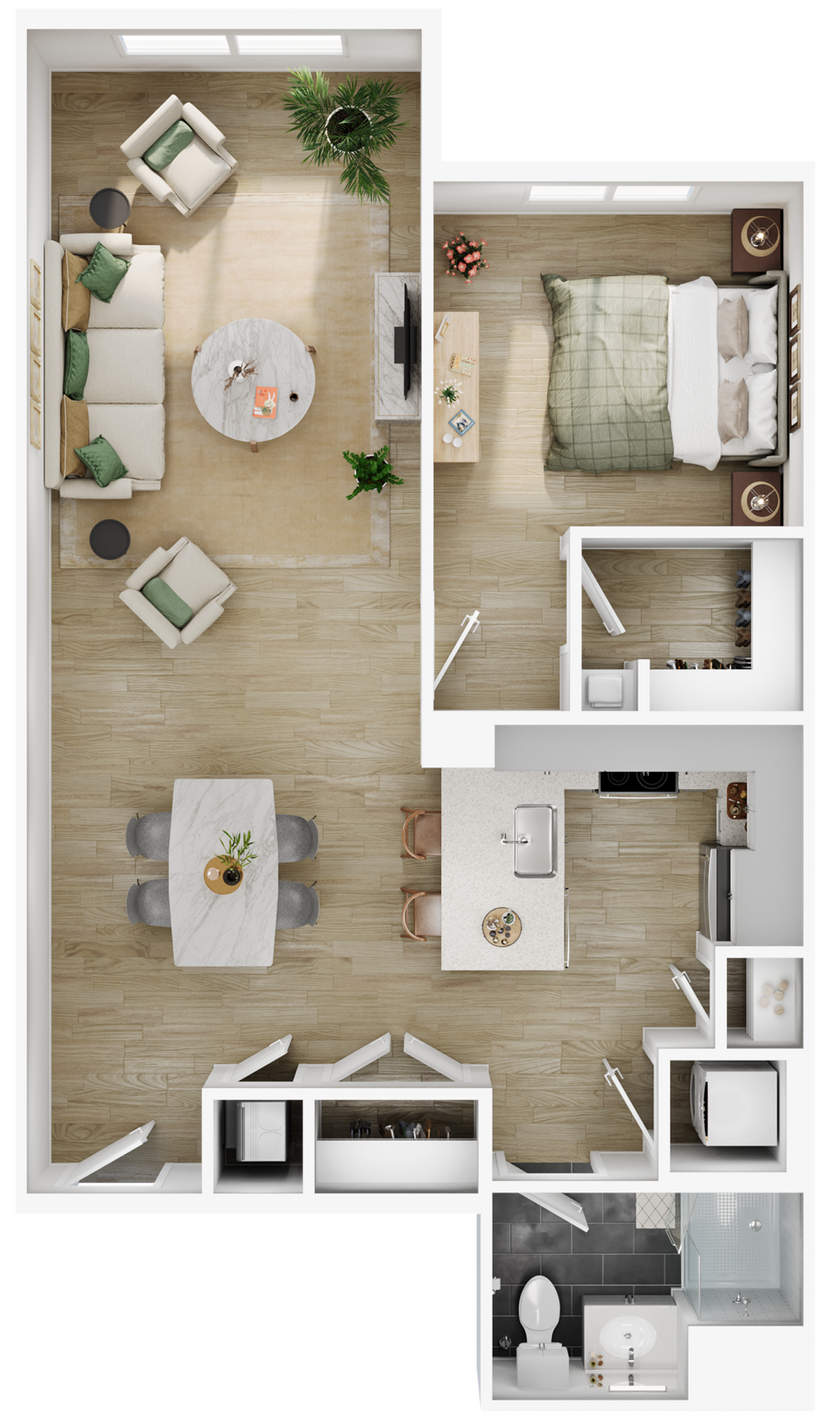 Contemporary floor plan with one bedroom, open living area, modern kitchen, and bathroom.