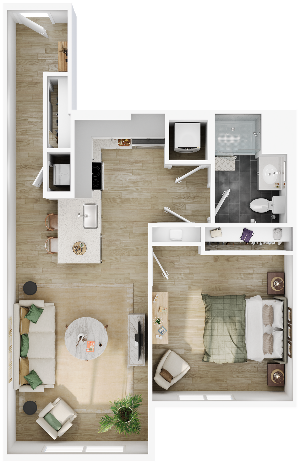 Elegant 3D floor plan depicting a one-bedroom apartment with open living area and modern kitchen.