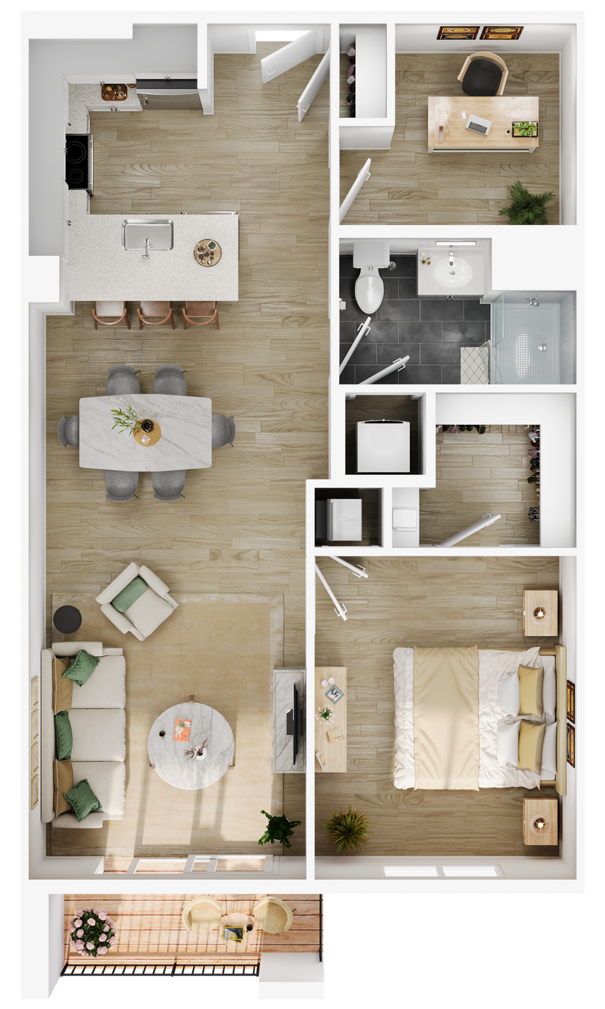 Detailed floor plan showcasing a modern 1-bedroom apartment with open-plan kitchen and living area and balcony.
