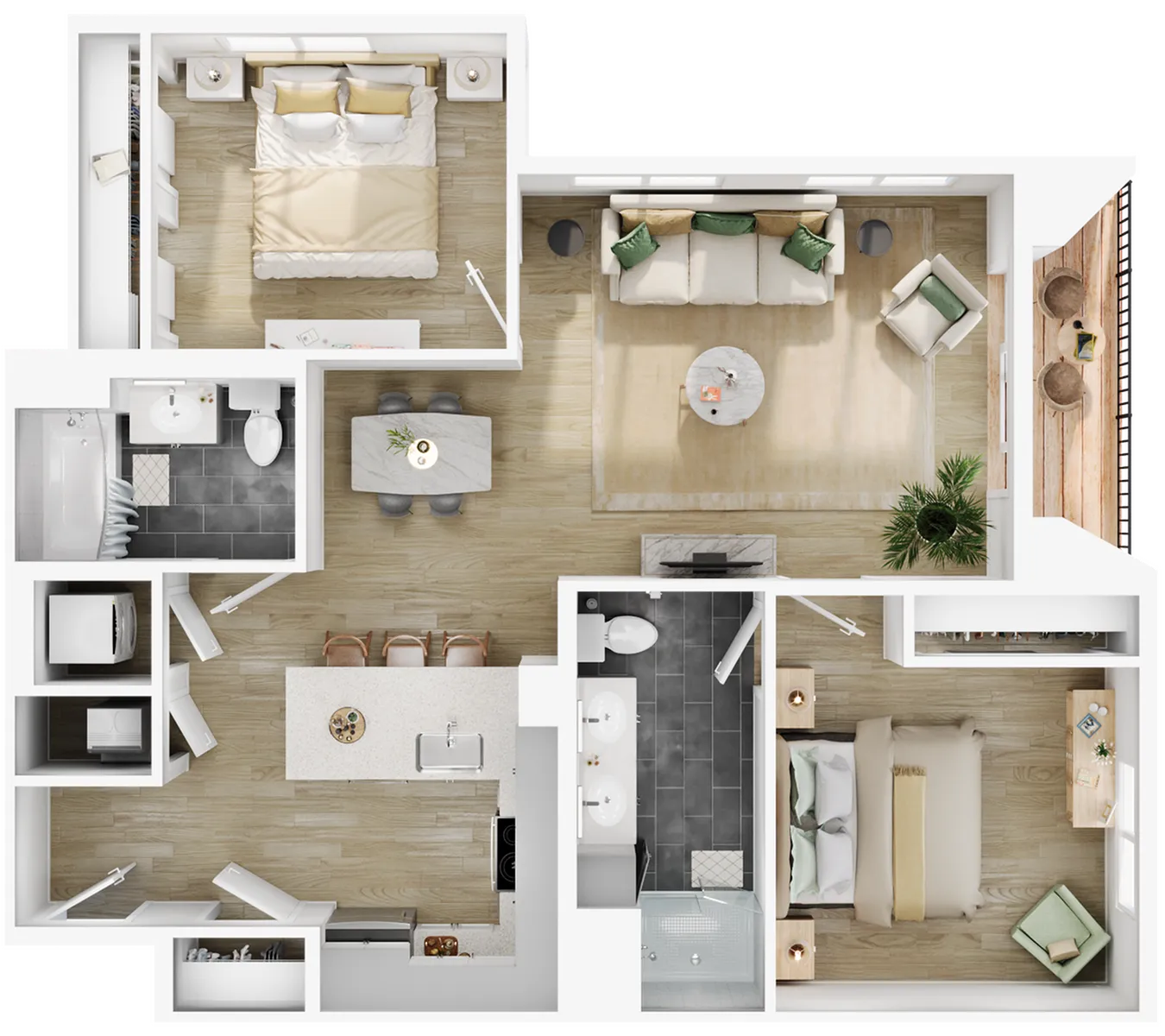Modern apartment floor plan featuring 2 bedrooms, open living area, and balcony.