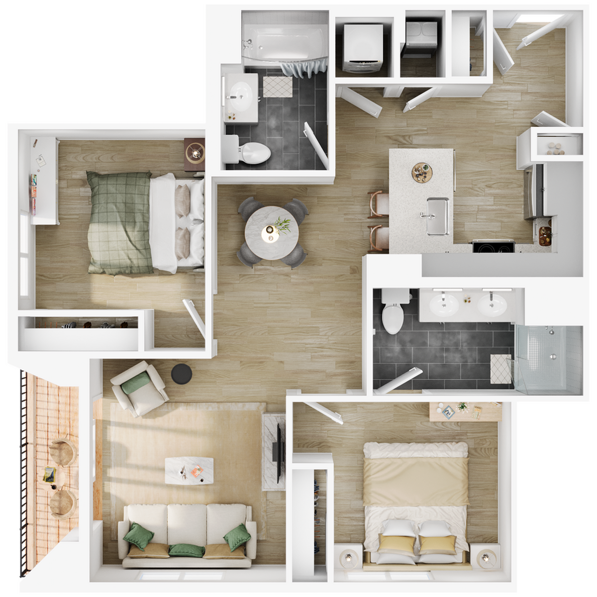 Chic floor plan featuring two bedrooms, a cozy living area, modern kitchen, and two bathrooms.