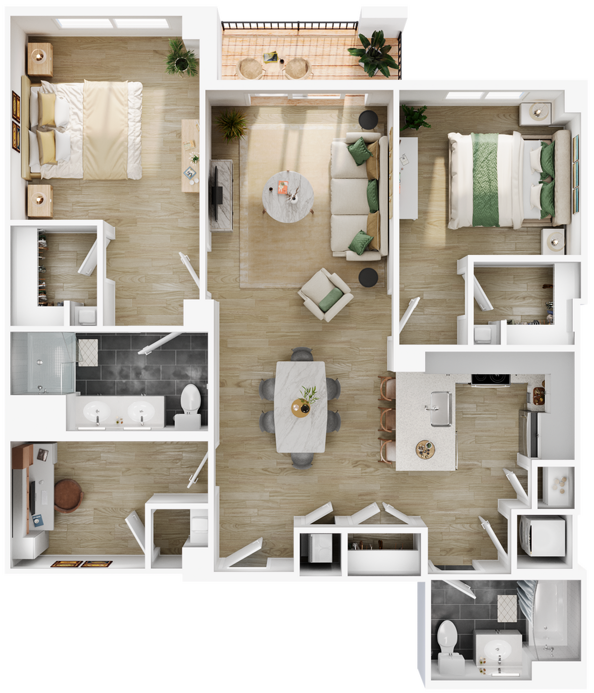 Chic 3D floor plan with 2 bedrooms, open living area, modern kitchen, and two bathrooms.