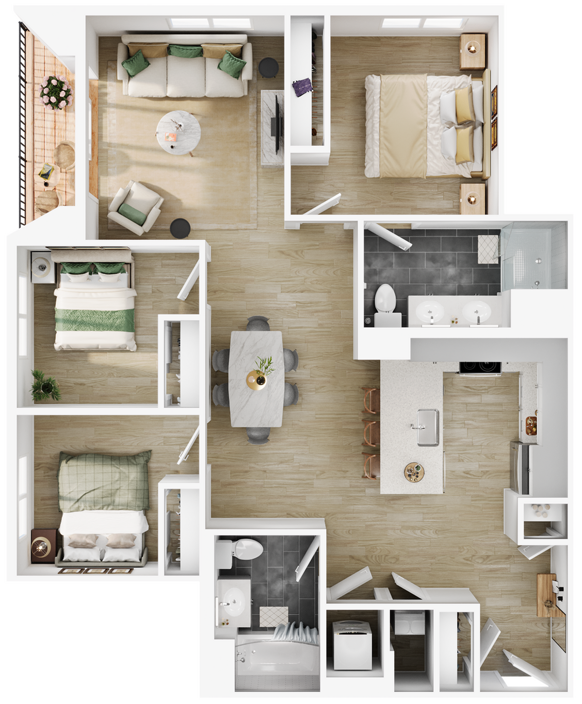 Sophisticated floor plan illustrating 3 bedrooms, open-concept living and dining area, and gourmet kitchen.