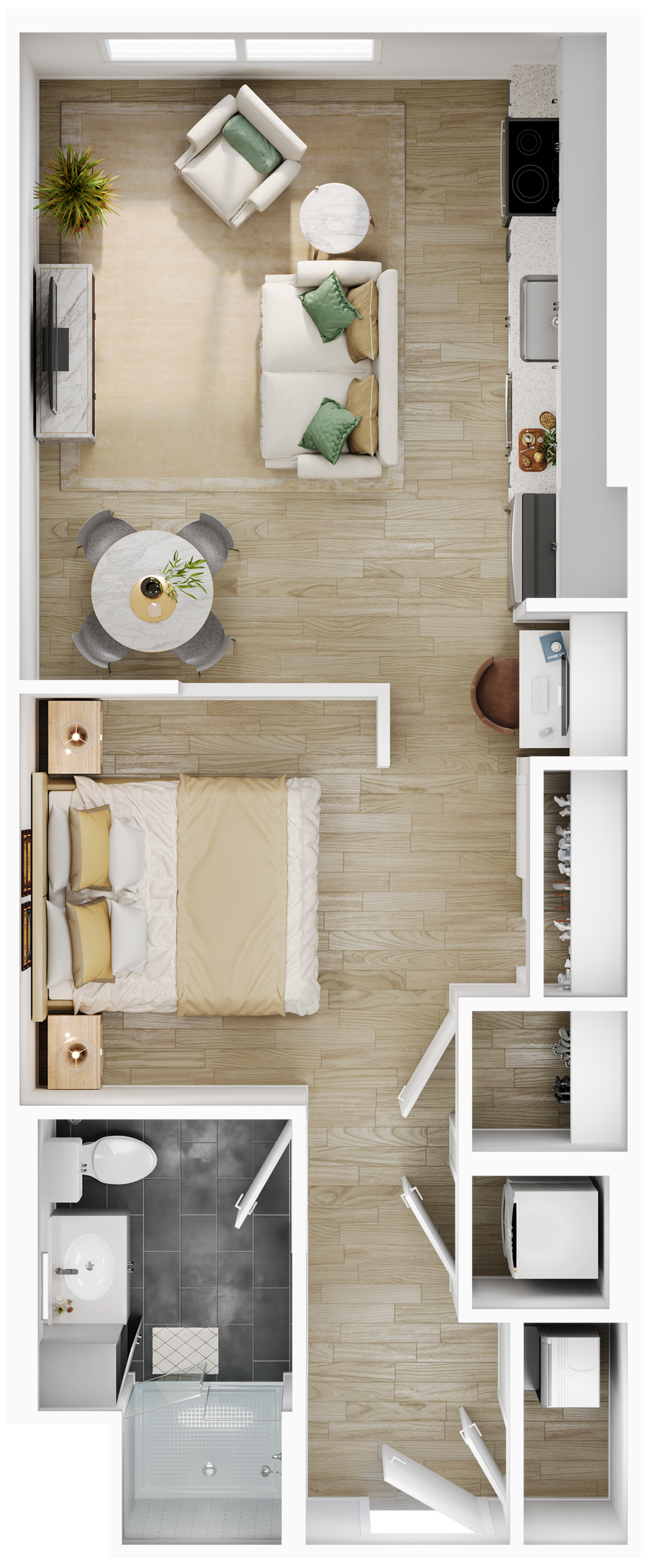 Modern studio apartment floor plan featuring an open living area, cozy bedroom space, sleek kitchen, and a compact bathroom.