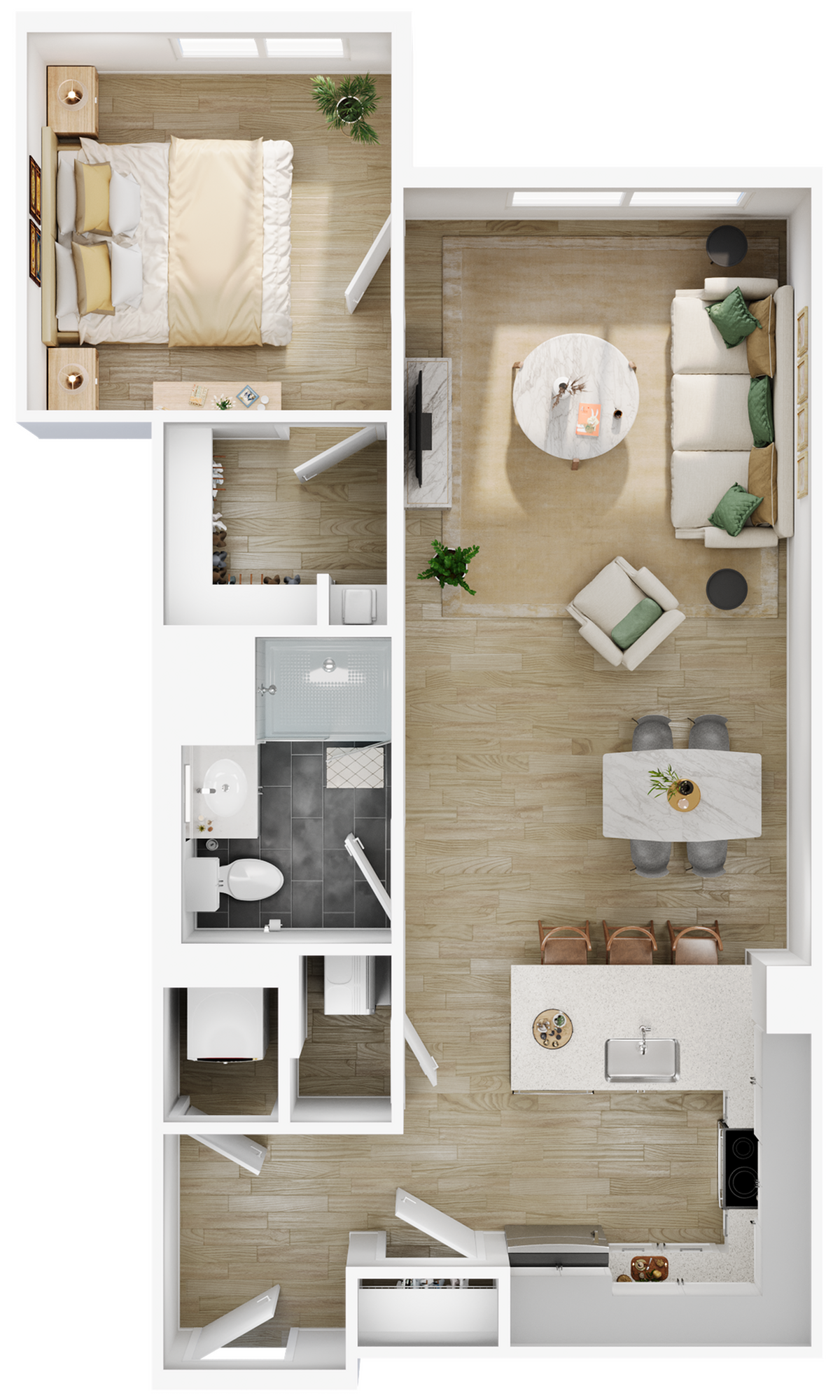 Modern floor plan featuring a spacious bedroom, open living and dining area, and a well-equipped kitchen.