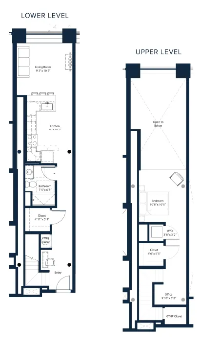 Elegant two-level floor plan showcasing a modern kitchen, spacious living room, bathroom, and versatile office space on the upper level with a cozy bedroom and convenient laundry area.