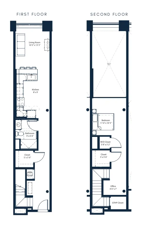 Elegant two-story floor plan with spacious living room, modern kitchen, and cozy bedroom. Includes office and convenient storage space.