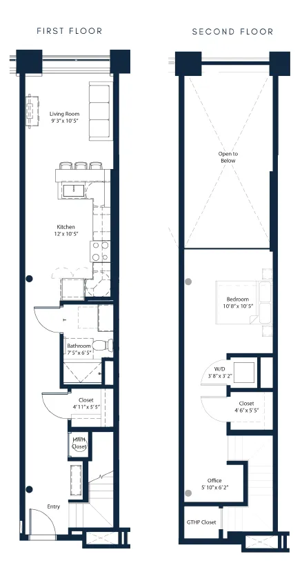 Elegant two-story floor plan showcasing a living room, kitchen, and bathroom on the first floor; second floor features a cozy bedroom, office space, and open area.