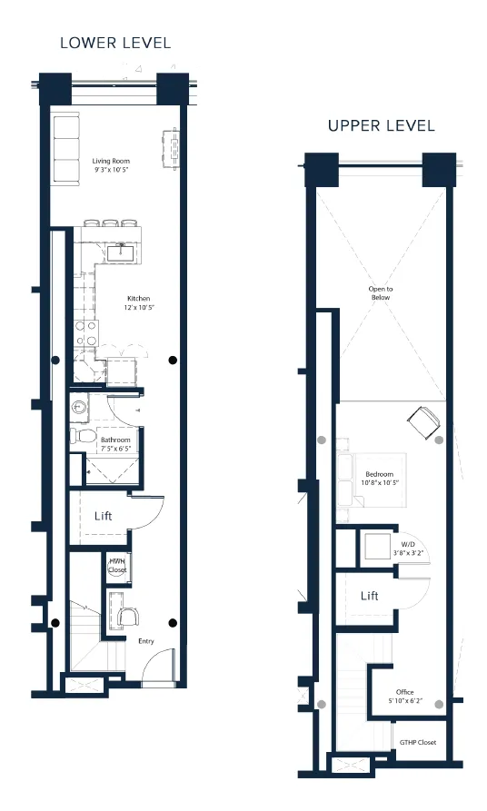 Contemporary two-level floor plan featuring a spacious kitchen, living room, bedroom, office, and convenient lift access.