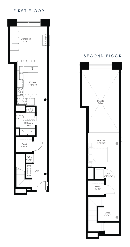 Modern split-level floor plan with a spacious living room, sleek kitchen, bathroom, and ample closet space on the first floor. The second floor features an open-to-below design, large bedroom, walk-in closet, office space, and washer/dryer area.