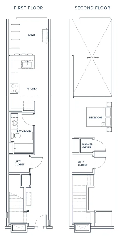 Elegant two-floor layout showcasing a first-floor living room and kitchen, and a spacious bedroom with open-to-below view on the second floor.