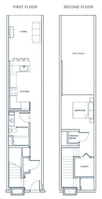 Modern two-story floor plan featuring spacious living area, efficient kitchen on the first floor, and cozy bedroom with convenient washer/dryer on the second floor.