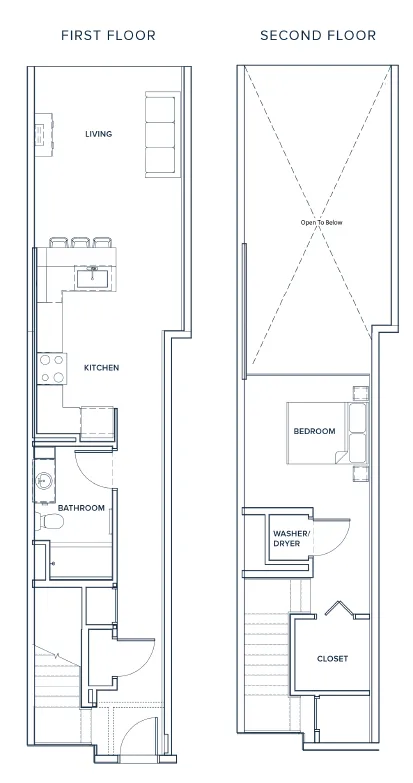 Modern two-story floor plan featuring an open-concept first floor with living, kitchen, and bathroom areas, and an elegant second floor with a spacious bedroom, closet, and washer/dryer space.