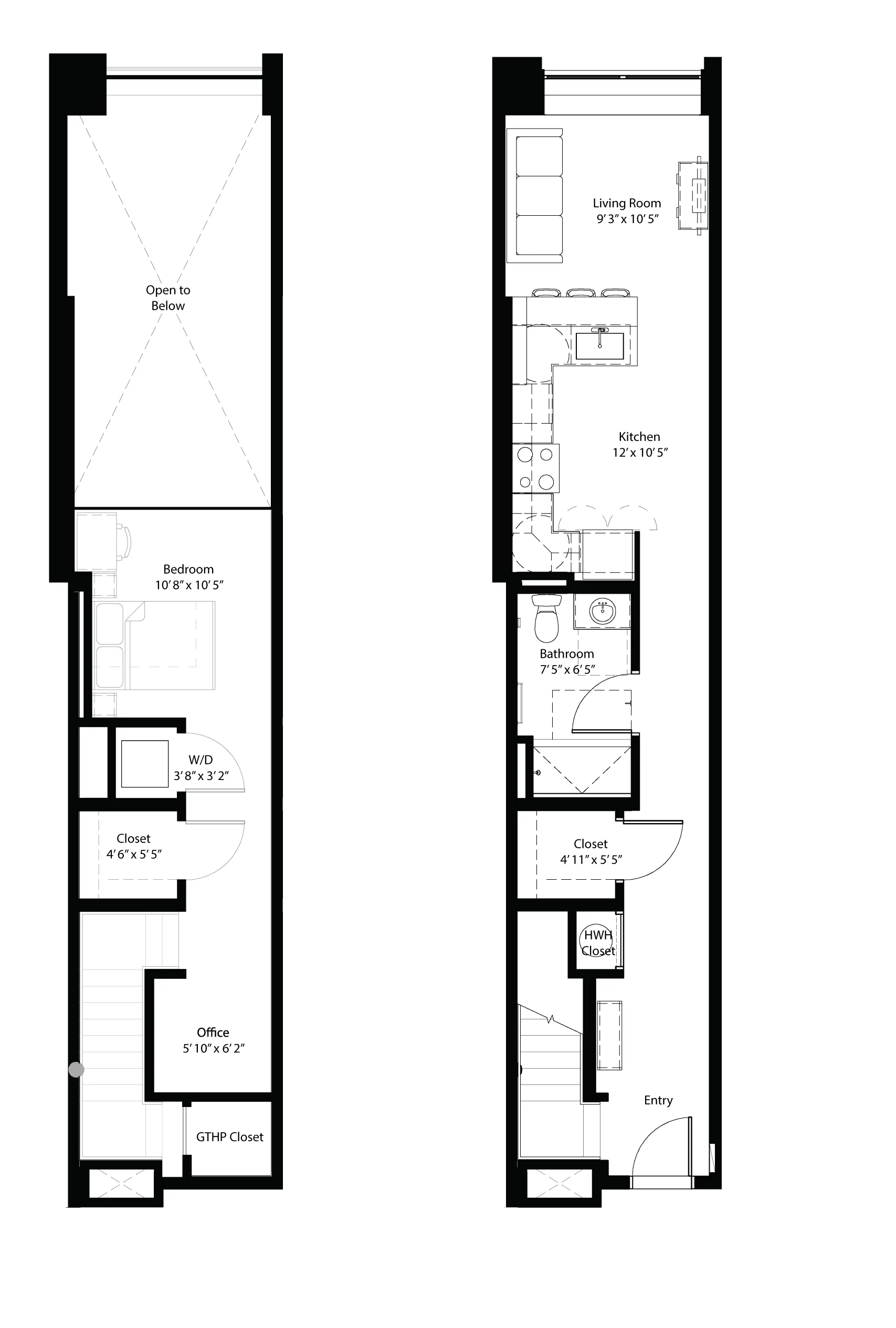Modern two-story floor plan featuring a spacious living room, stylish kitchen, cozy bedroom, office space, and multiple closets for optimal storage.