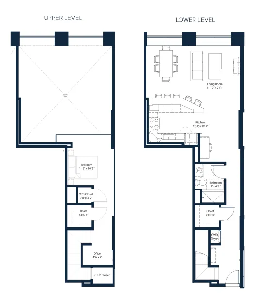 Chic multi-level floor plan featuring one bedroom, an office, spacious living room, and modern kitchen layout. Ideal for elegant city living.