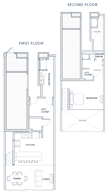 Modern two-story floor plan featuring a spacious living and dining area, sleek kitchen, convenient bathroom, and cozy bedroom with washer and dryer on the second floor.