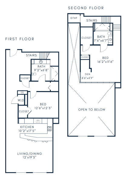 Elegant two-story floor plan showcasing two bedrooms, open living/dining space, and modern kitchen with generous layout.