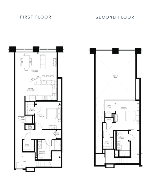 Modern two-story floor plan showcasing open-concept living and dining area, with an expansive second-floor outdoor deck and office space.