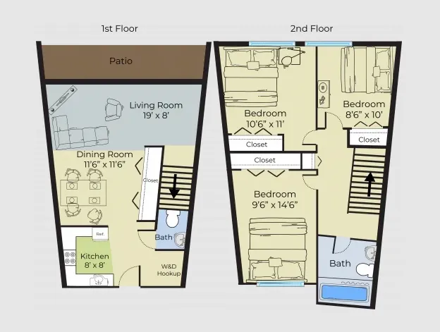 Inviting two-story floor plan featuring a spacious living room, dining area, modern kitchen, and a charming patio on the first floor. The second floor offers three cozy bedrooms and a bathroom, perfect for comfortable living.
