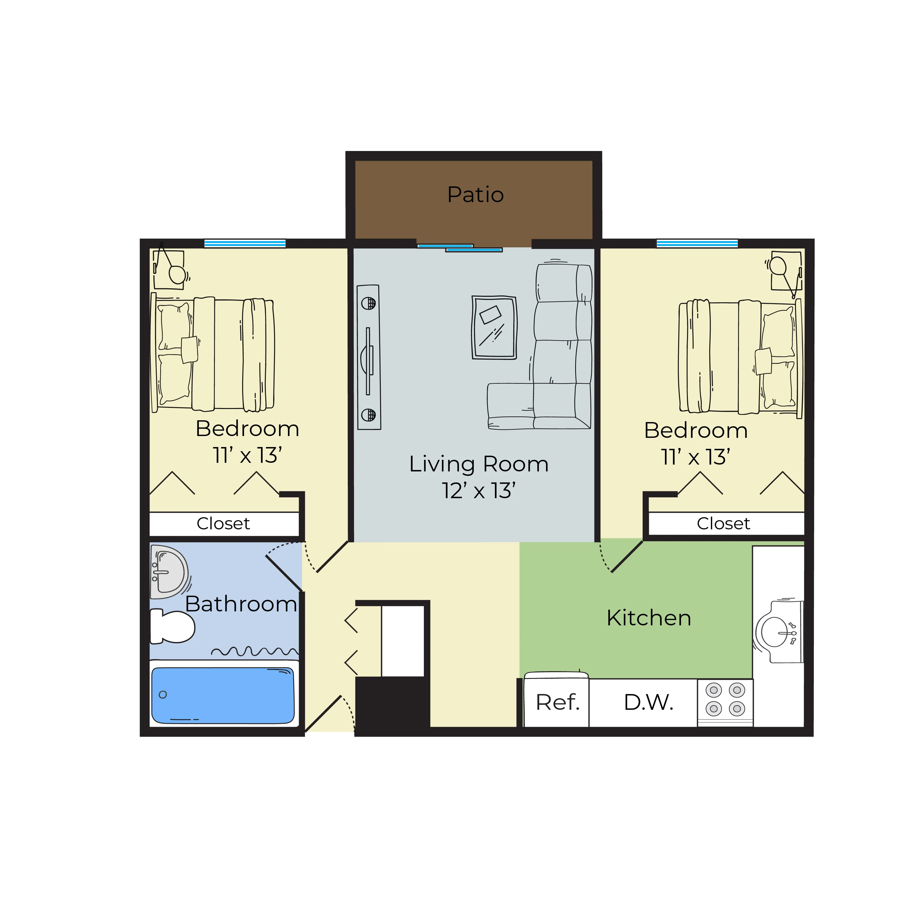 Charming floor plan featuring two spacious bedrooms, a cozy living room, modern kitchen, and private patio.
