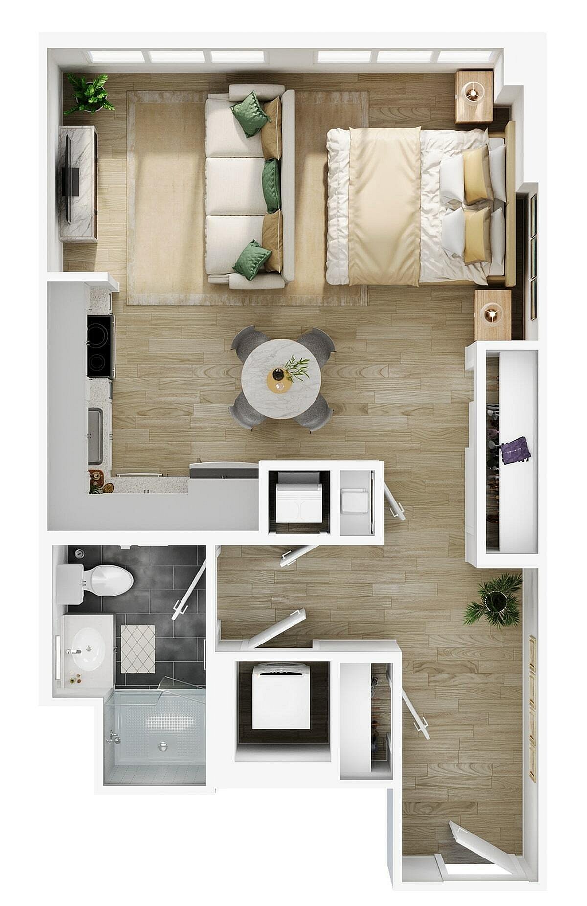 3D floor plan of a studio apartment featuring a living area, bedroom, compact kitchen, and modern bathroom.