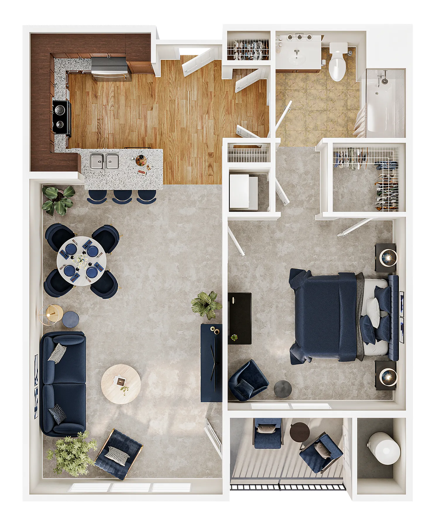 Modern 2D floor plan showcasing a cozy 1-bedroom layout with an open-concept living and dining area, stylish kitchen, and private balcony.