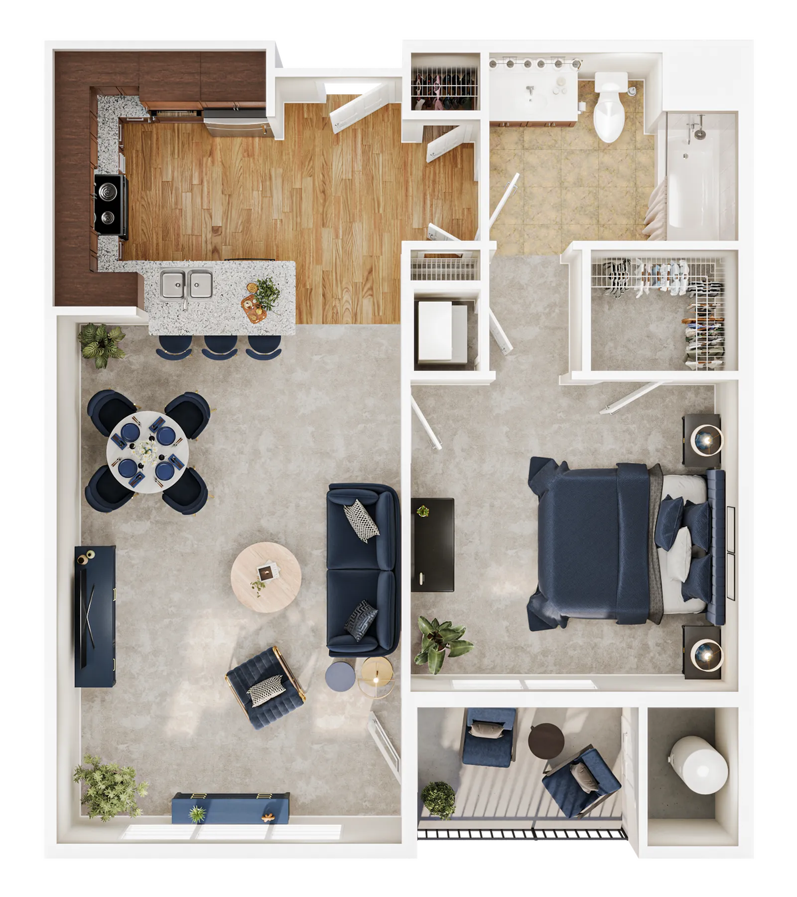 Modern 2D floor plan showcasing an inviting one-bedroom apartment with a spacious open-concept living area, stylish kitchen with a breakfast bar, cozy dining space, and a private balcony for relaxation.