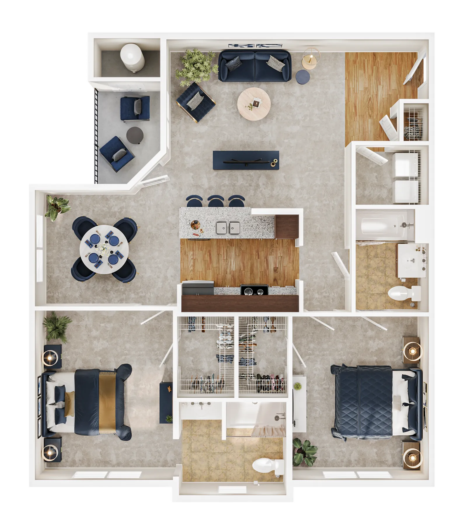 Elegant 2D floor plan showcasing 2 bedrooms, a modern kitchen with adjacent dining area, and a cozy living room with balcony access.