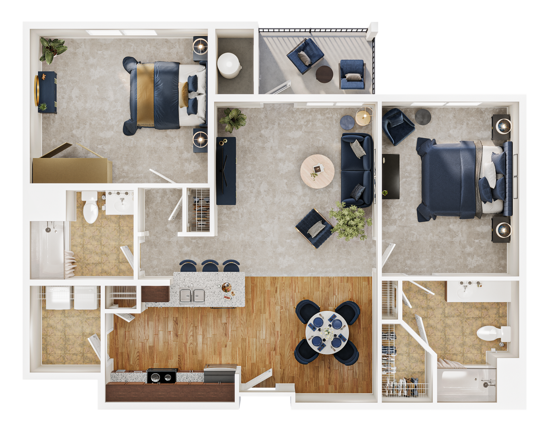Modern 2D floor plan with 2 bedrooms, elegant living room, stylish kitchen with island, and two bathrooms featuring contemporary fixtures.