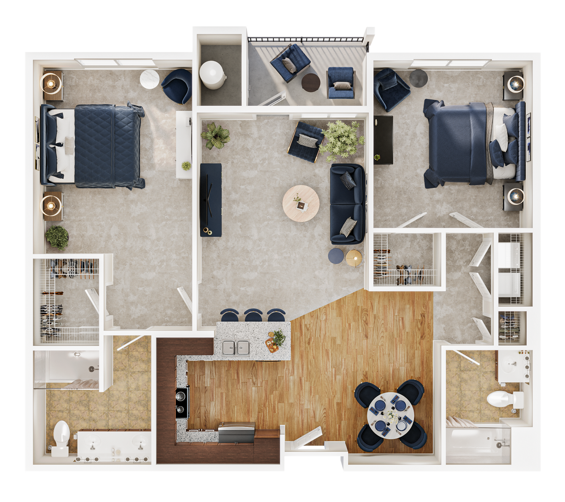 Elegant 2D floor plan featuring 2 spacious bedrooms, an open-concept living area, modern kitchen with breakfast bar, and cozy dining space.