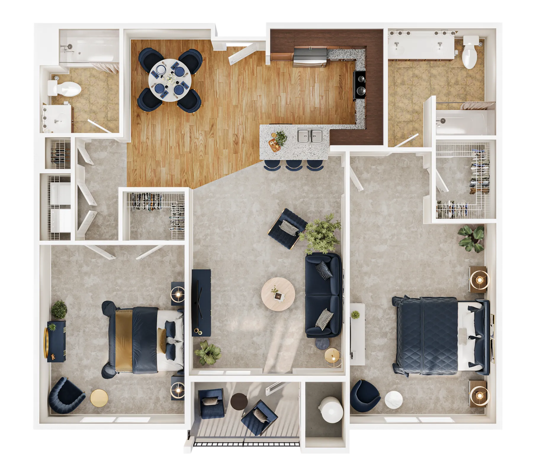 Inviting 2D floor plan showcasing 2 spacious bedrooms, elegant living area, modern kitchen with island, and cozy balcony.