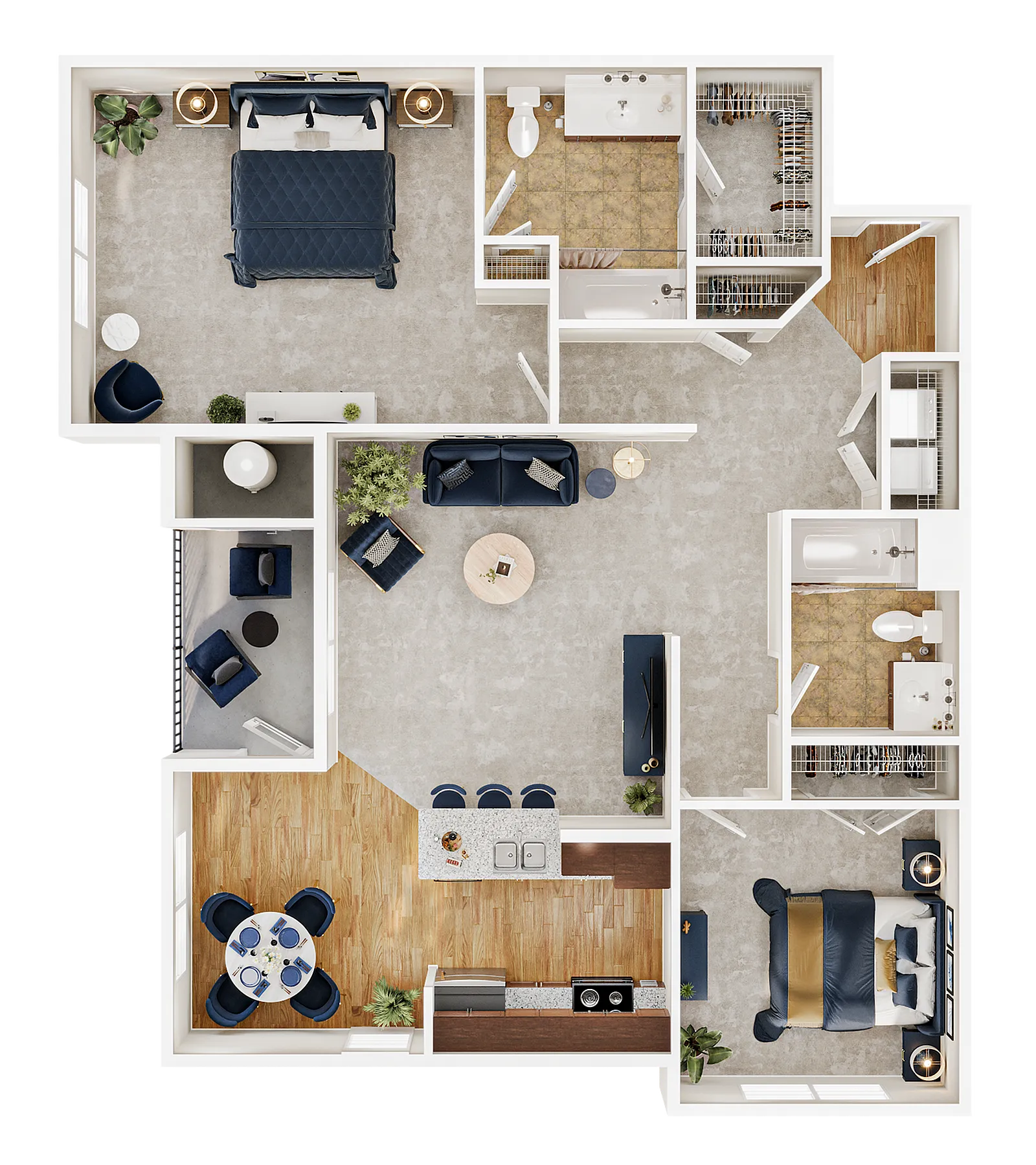 Modern 3D floor plan showcasing two elegant bedrooms, a spacious open-concept living area, a stylish kitchen with island seating, and two chic bathrooms.