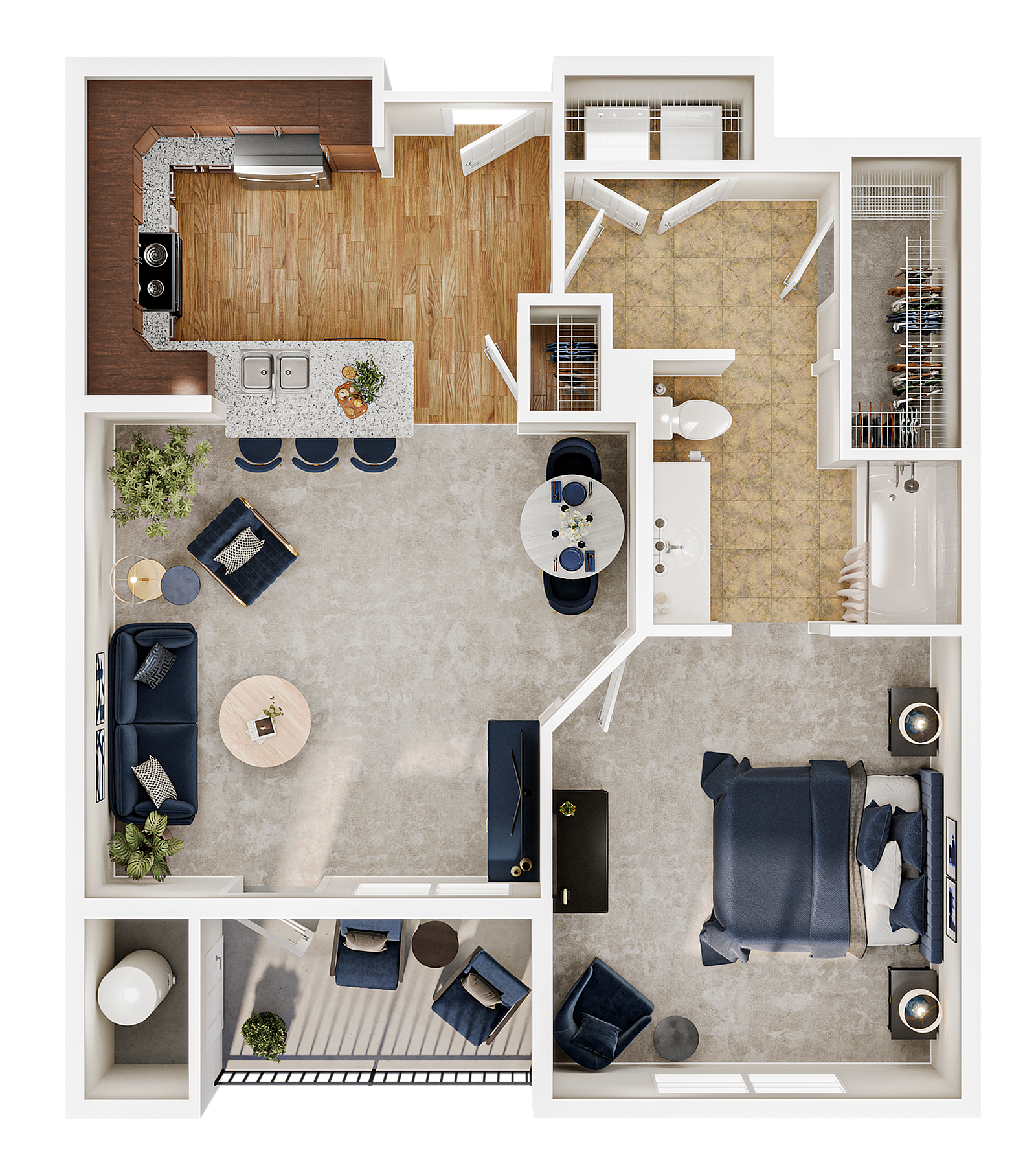 Contemporary floor plan showcasing a spacious 1-bedroom layout with open-concept living room, stylish kitchen featuring an island, comfortable bathroom, and inviting patio area.