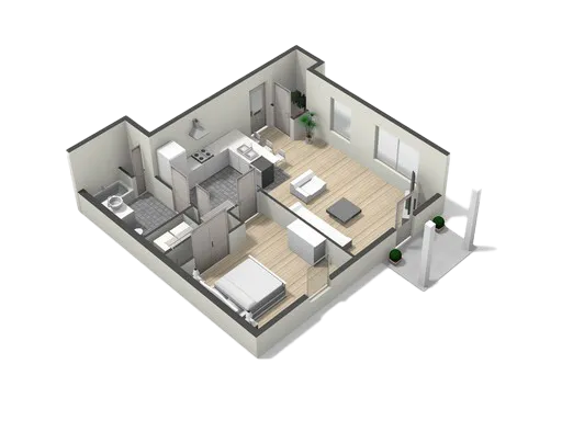 Modern 3D floor plan featuring a cozy bedroom, sleek kitchen, stylish living area, and contemporary bathroom layout with balcony view.