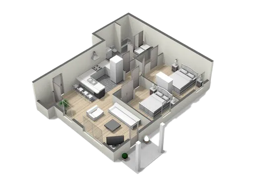Modern 3D floor plan showcasing 2 bedrooms, a sleek open-concept kitchen, and a cozy living area with elegant furnishings.