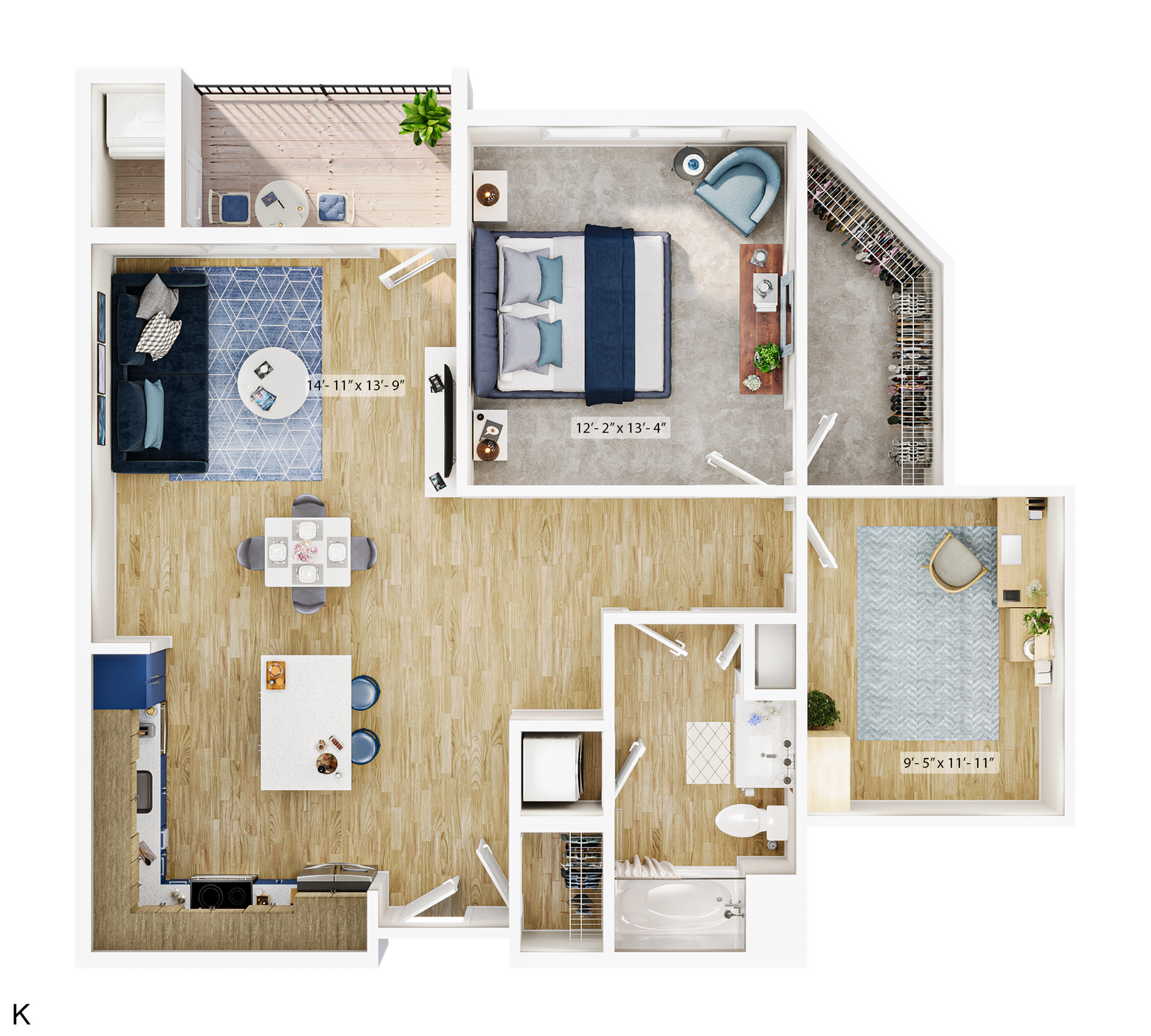 Chic 2D floor plan showcasing a spacious apartment with two bedrooms, a modern kitchen, open-concept living area, and private balcony.