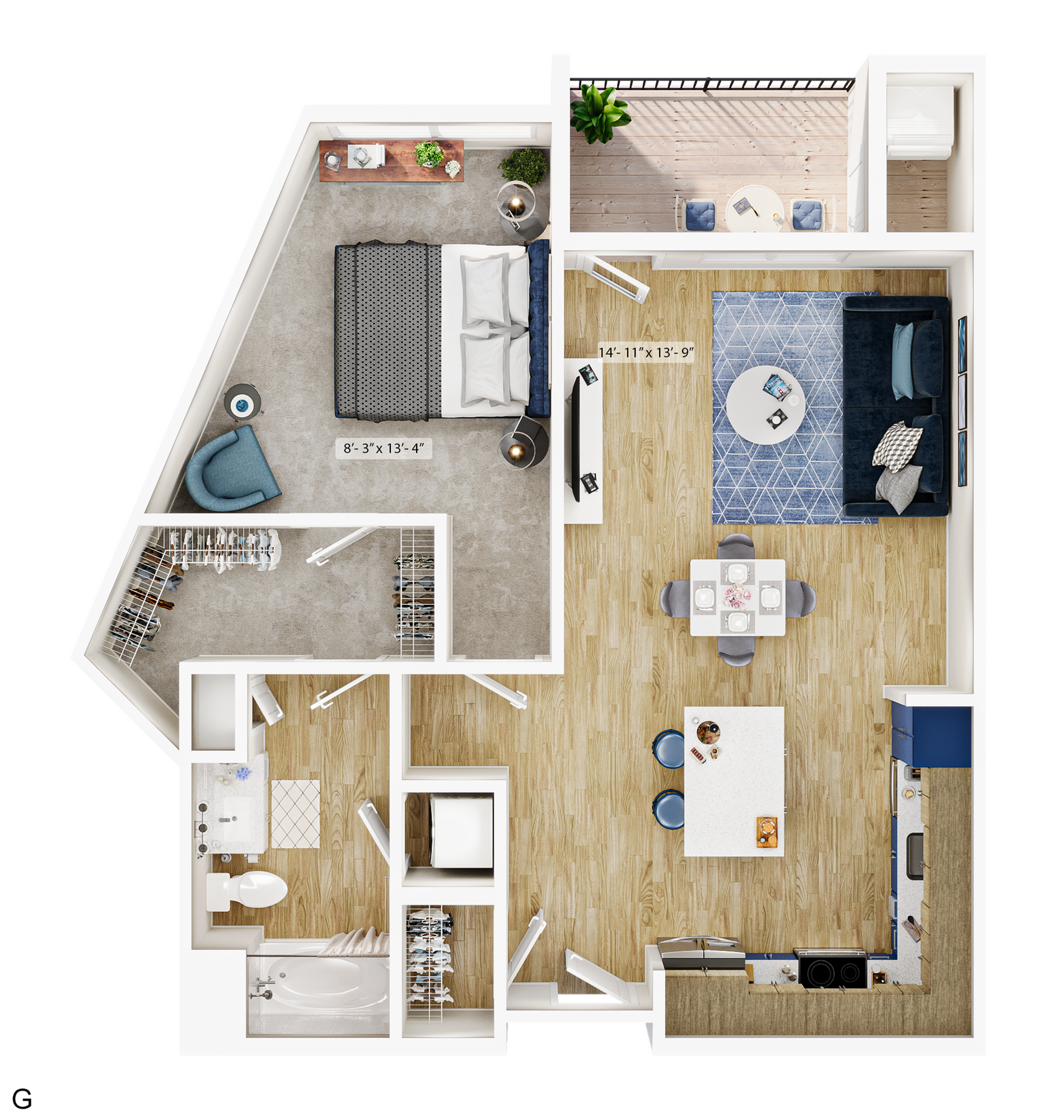 Modern floor plan showcasing a spacious 1-bedroom apartment with stylish open-concept living and dining area, sleek kitchen, luxurious bathroom, and cozy balcony.