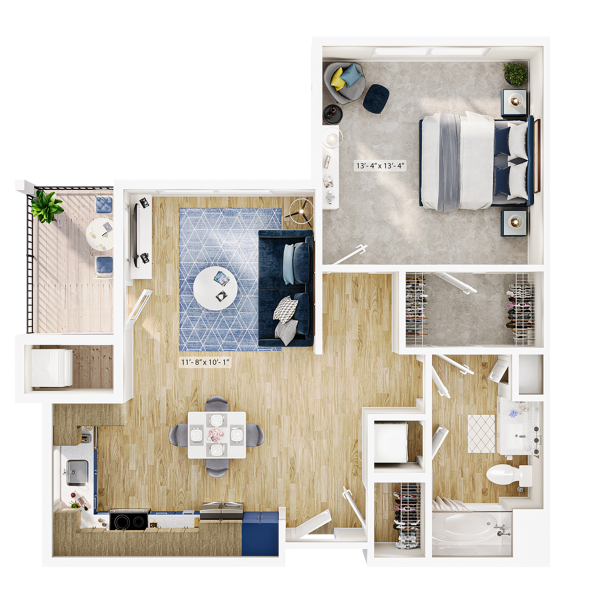 Modern 2D floor plan showcasing a spacious 1-bedroom apartment with an open-concept living and dining area, sleek kitchen, and a cozy balcony.