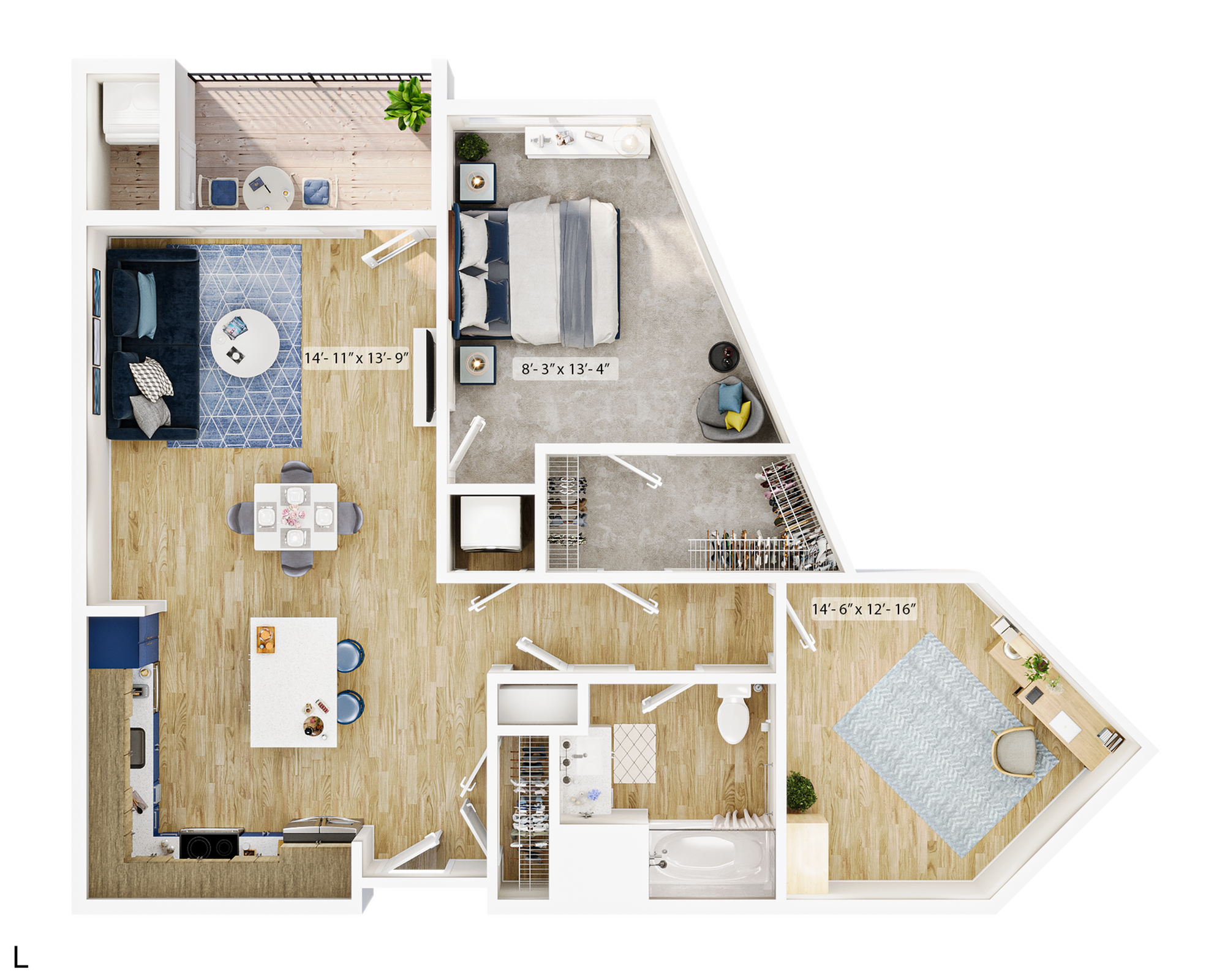 Chic 3D floor plan showcasing sophisticated one-bedroom apartment with open-concept living and dining area, gourmet kitchen, modern bathroom, and private balcony.
