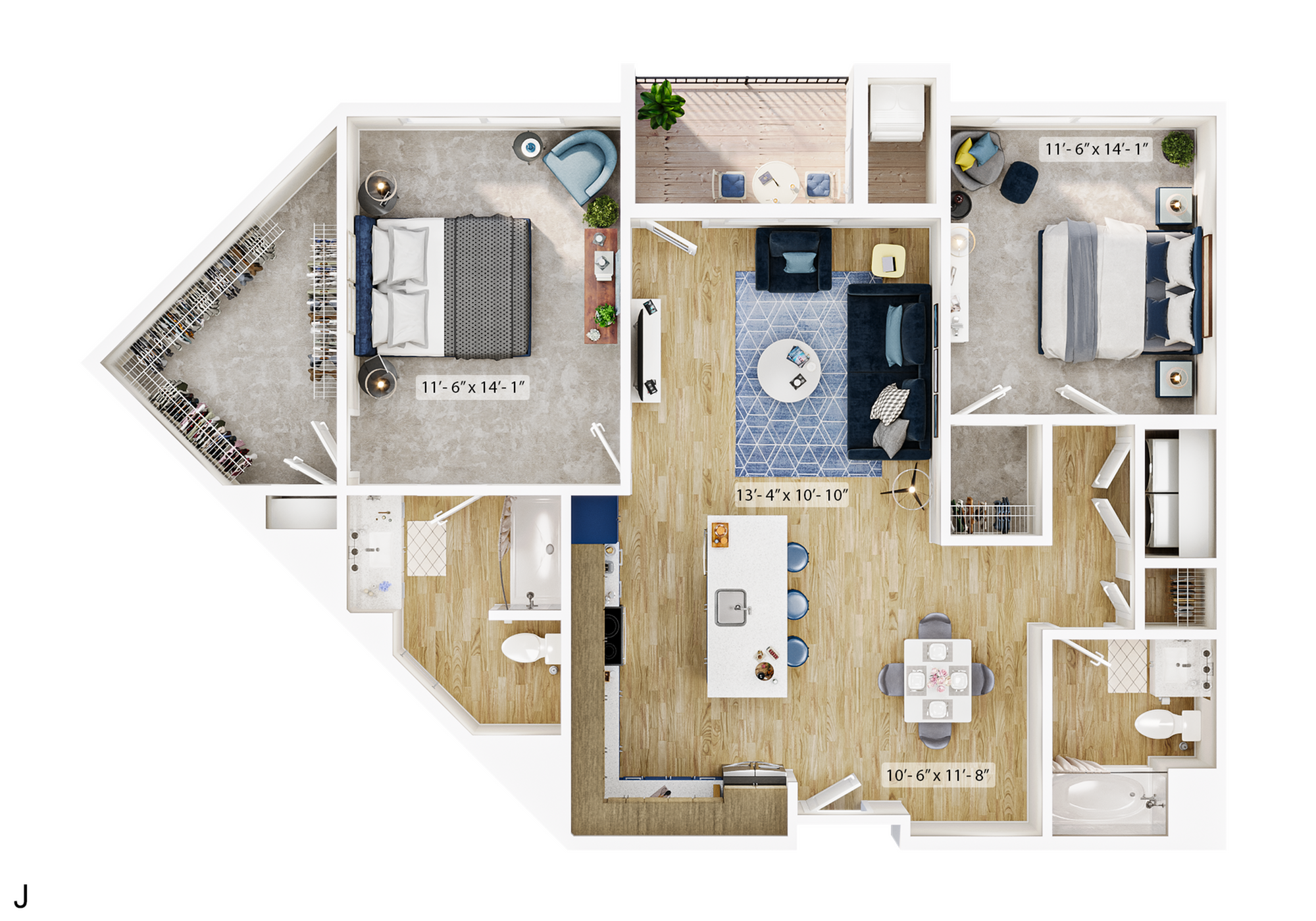 Modern 2D floor plan of a contemporary apartment featuring two spacious bedrooms, an open-concept living room, and a sleek kitchen island. Includes a cozy balcony and well-organized storage areas.