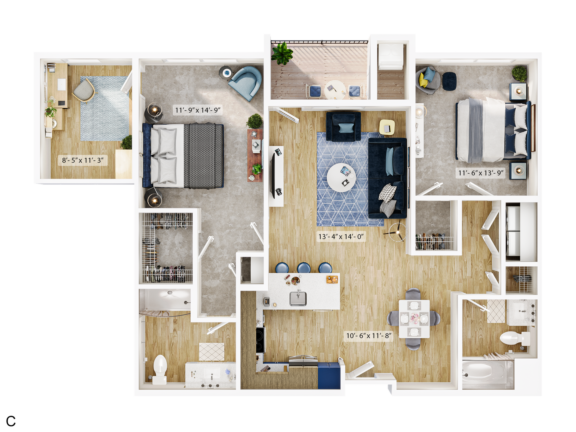 Modern 2D floor plan featuring 2 spacious bedrooms, an open-concept living and dining area, and a home office, complete with two bathrooms and a stylish kitchen.