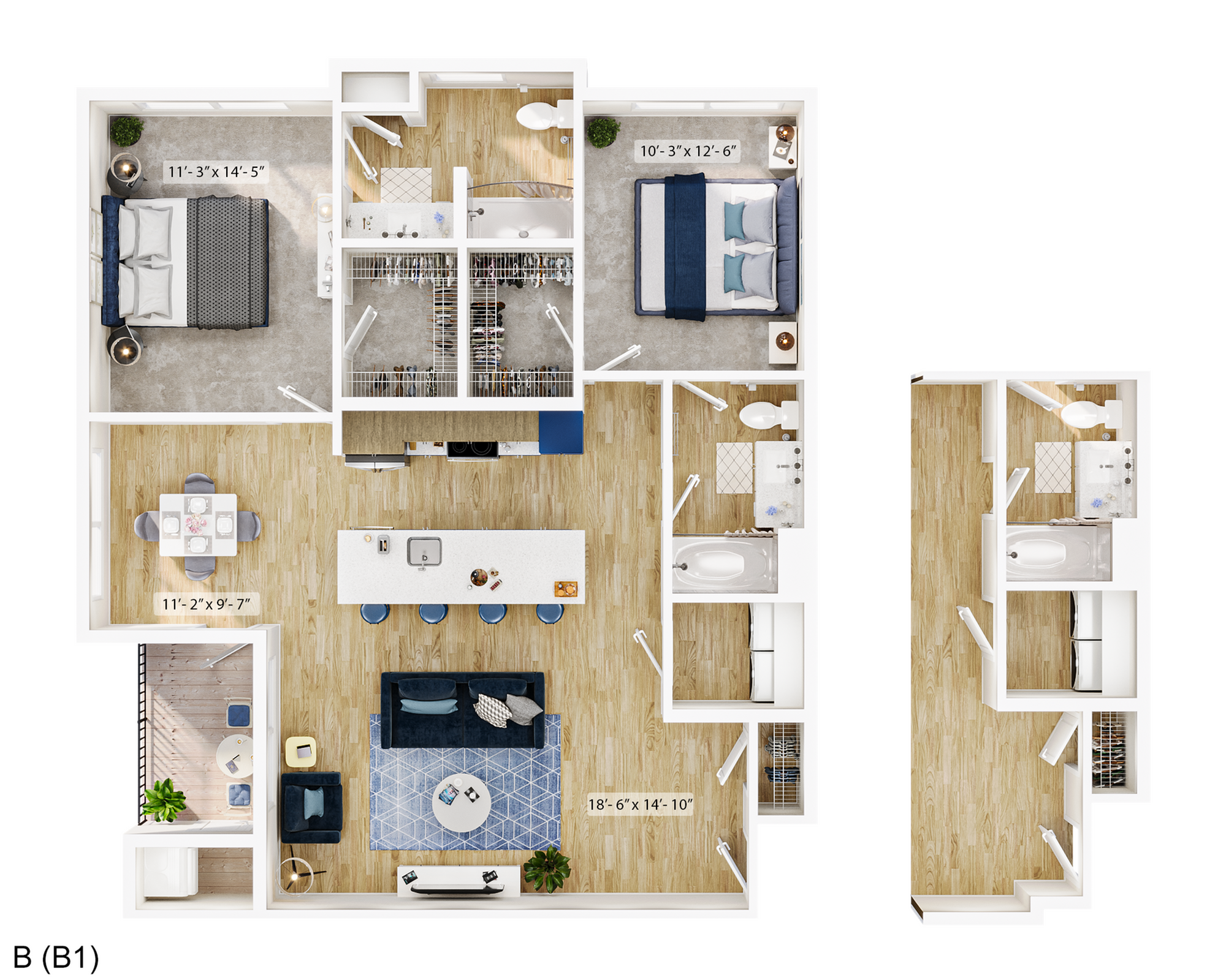 Contemporary 2-bedroom apartment floor plan with open kitchen, stylish living area, and two modern bathrooms.