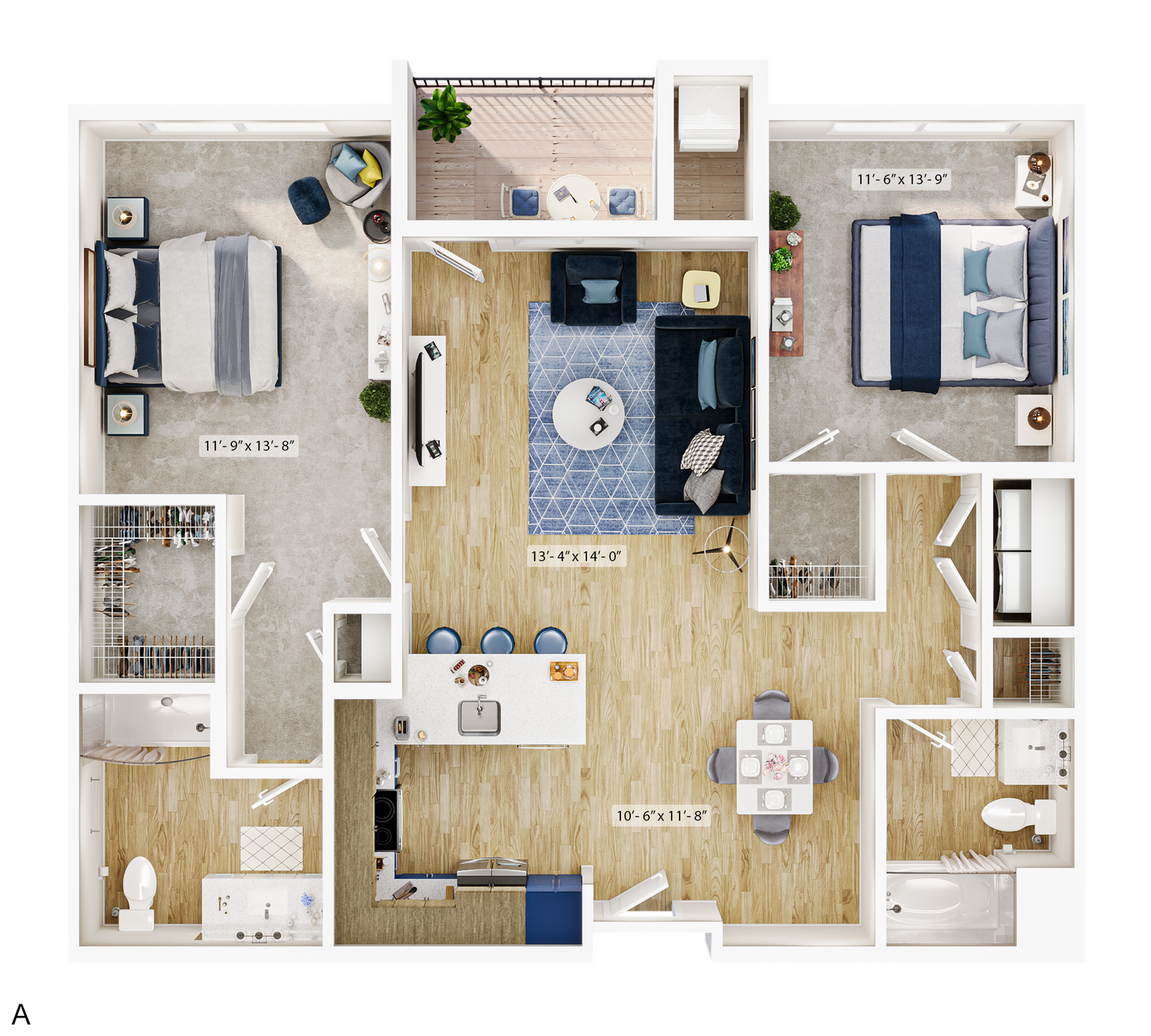 Chic 2D floor plan featuring two spacious bedrooms, an inviting living room, modern open kitchen, and elegant dining area with natural lighting.