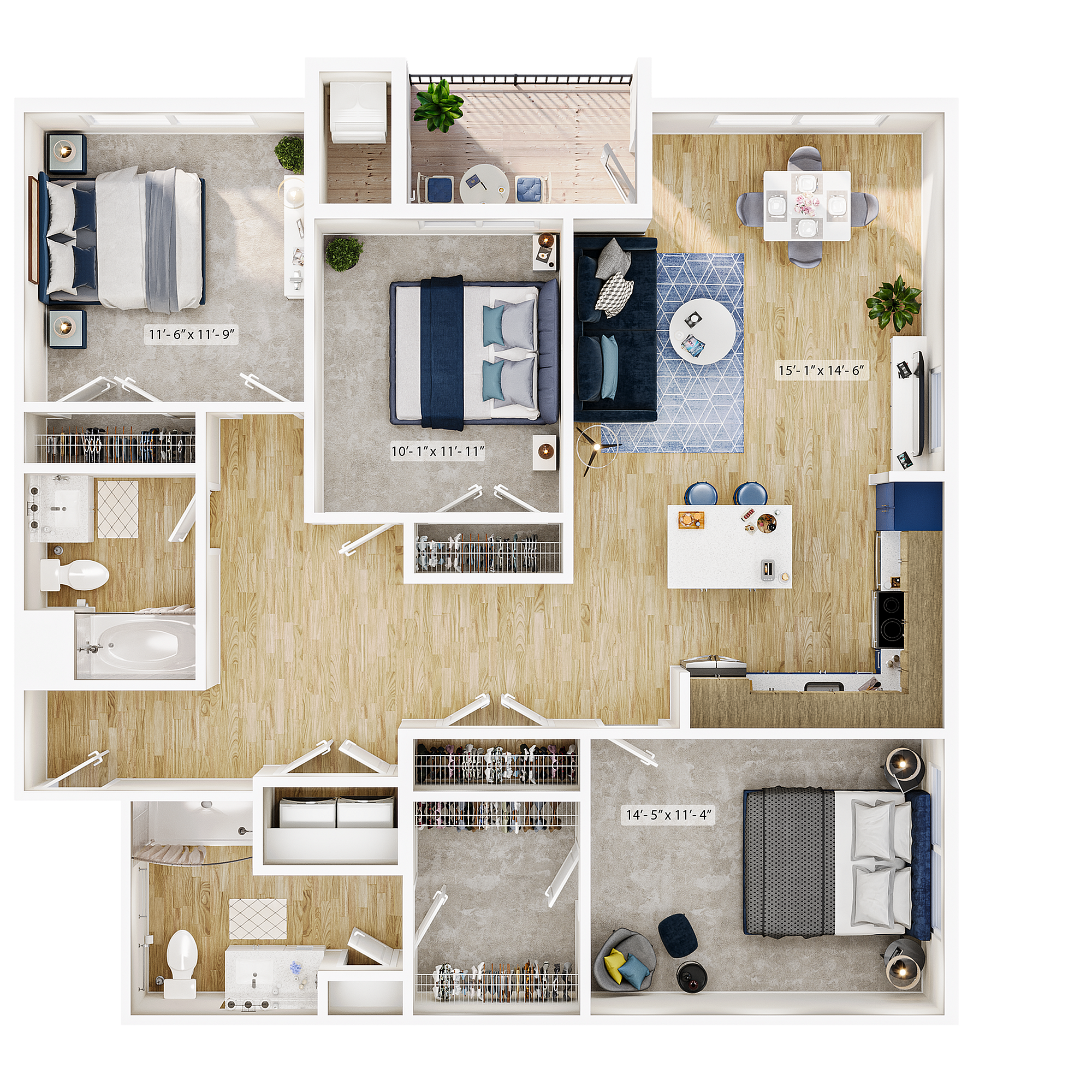 Elegant 3D floor plan showcasing three spacious bedrooms, modern open-concept living area, gourmet kitchen, and two bathrooms.