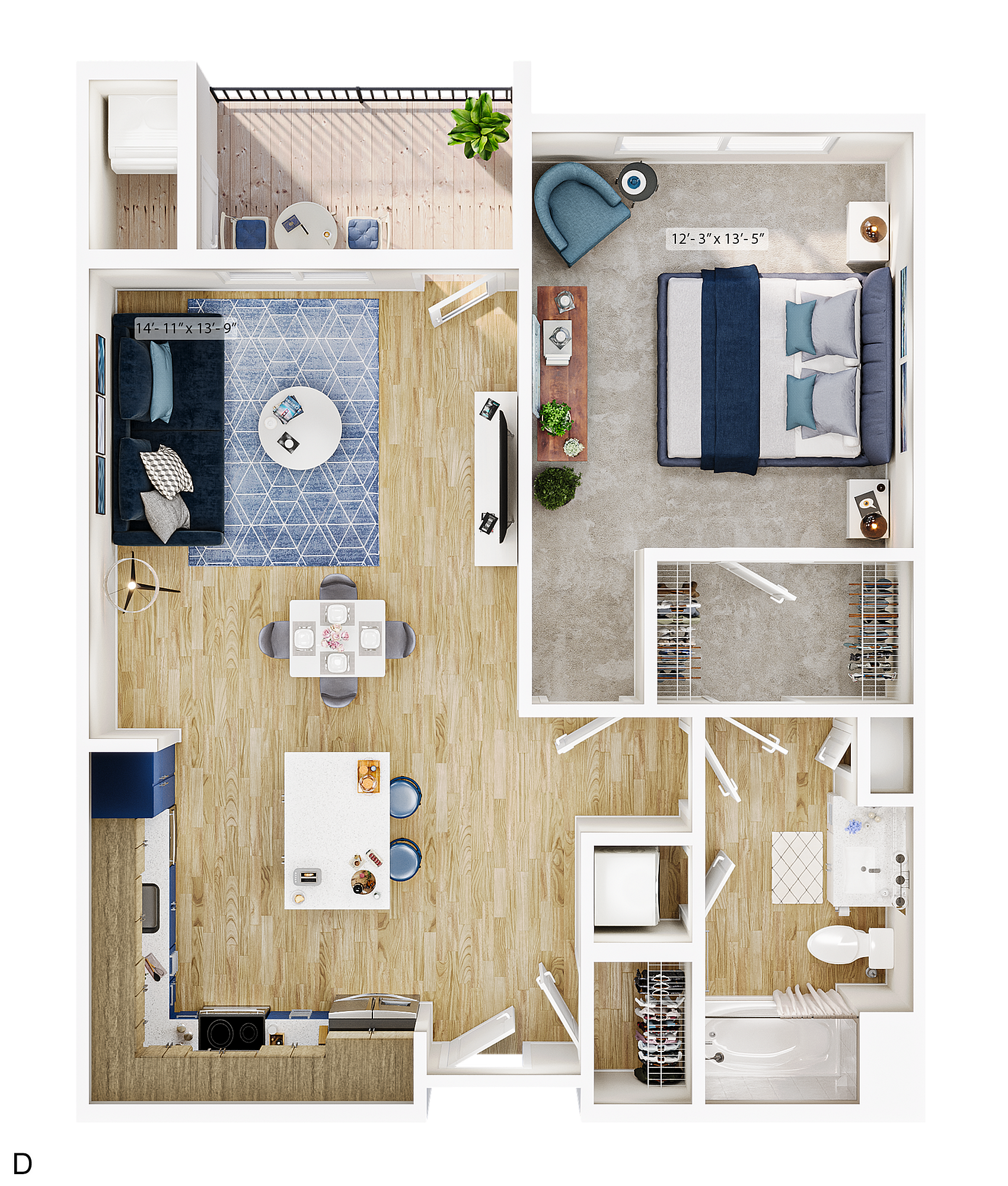 Contemporary 2D floor plan featuring one spacious bedroom, open-concept living and dining area, modern kitchen, and a cozy balcony.