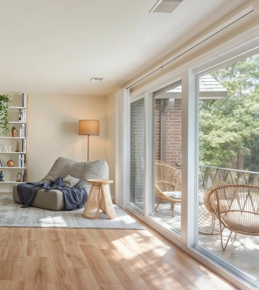 Bright and inviting living space with floor-to-ceiling windows, cozy seating area, and elegant wooden flooring.