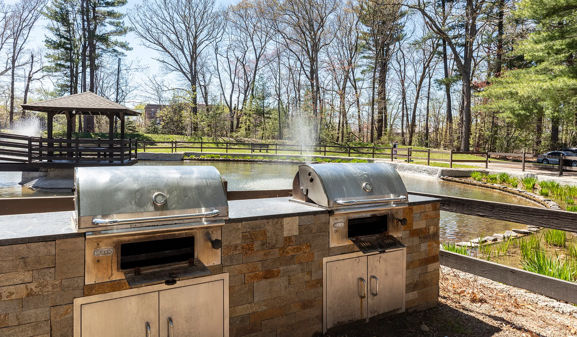 Charming outdoor barbecue area with two sleek grills overlooking a tranquil pond and surrounded by lush trees.