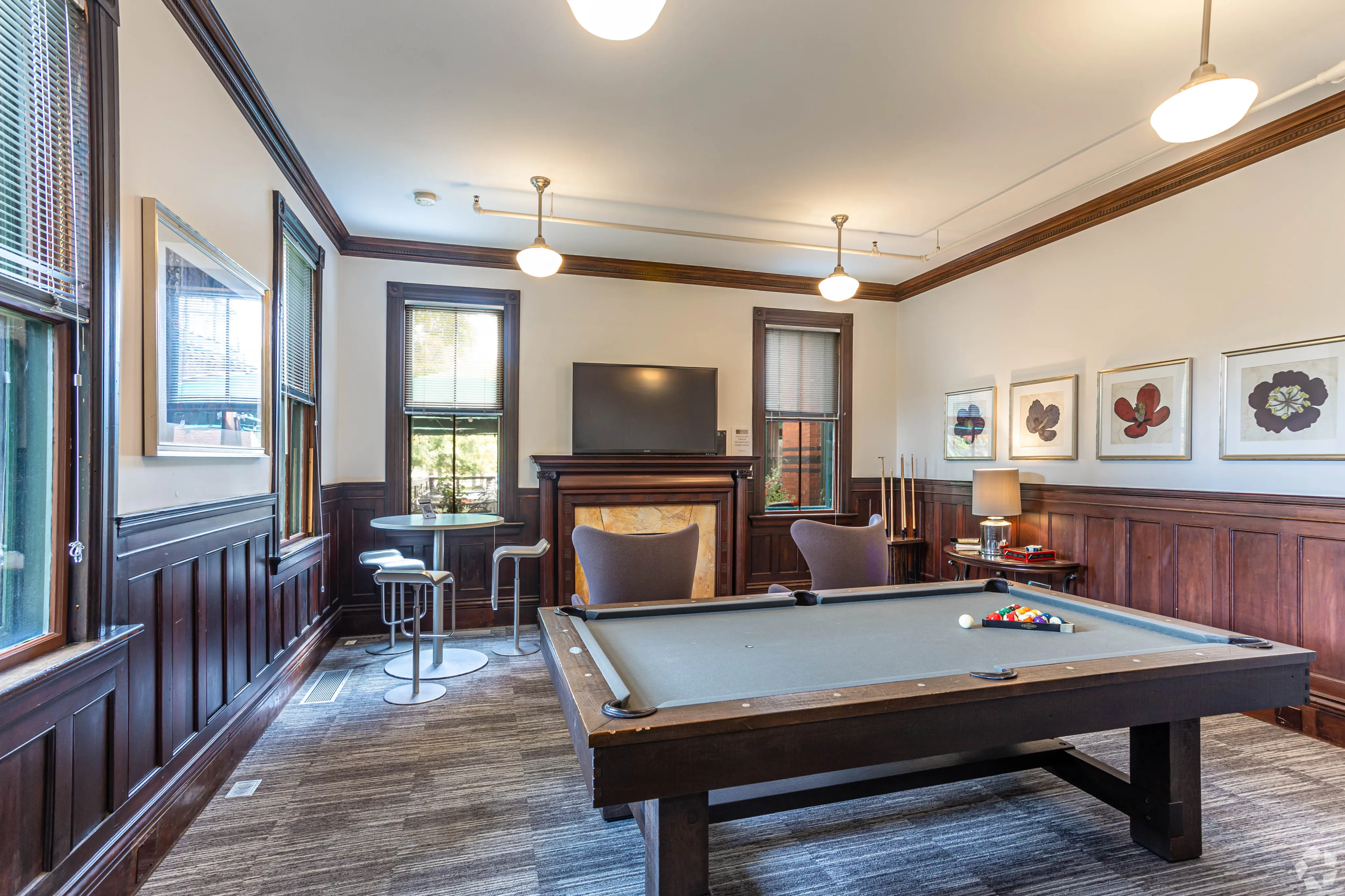 Elegant recreation room featuring a stylish pool table, cozy seating area, and beautiful wood paneling for a sophisticated ambiance.